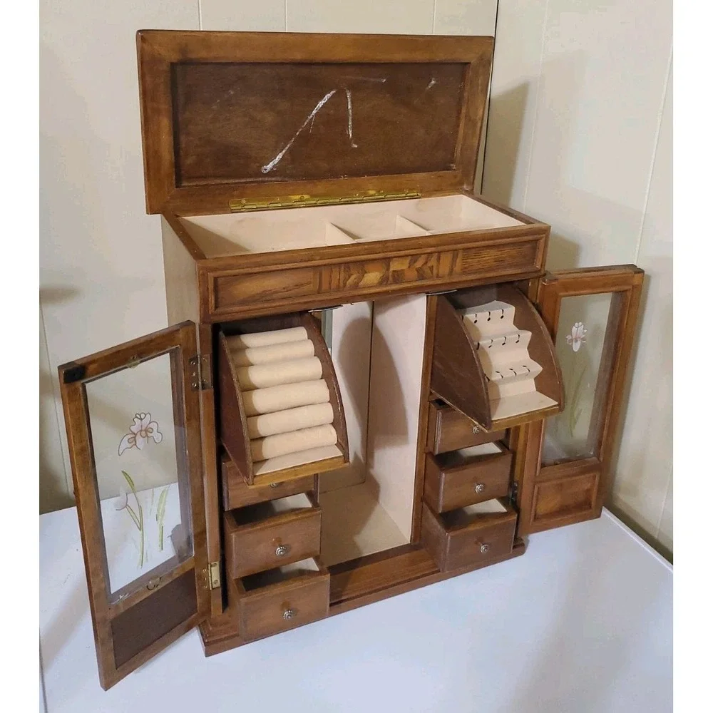 Vtg Tall Jewelry Box With 6 Drawers Mirror Cabinet Hangers Ring & Earring Holder